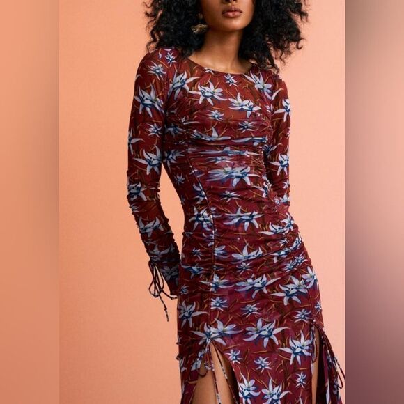 NWT Diane Von Furstenburg Corinne Ruched Mesh Midi Dressin Harlow Small Wine - Picture 11 of 14